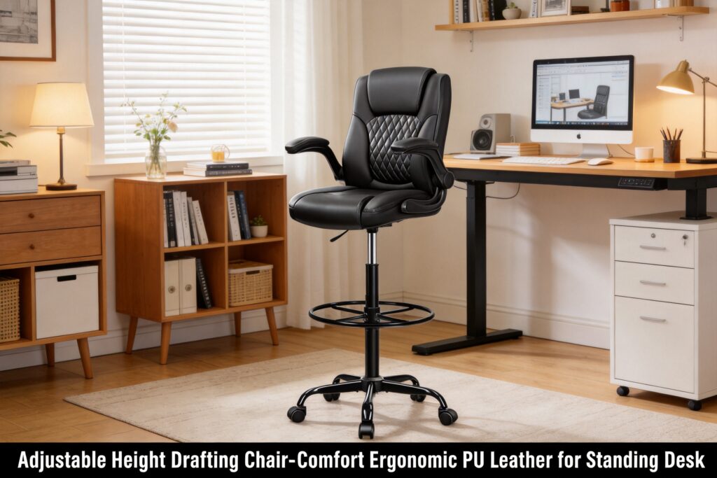 Brick Attic tall drafting chair with ergonomic back support, adjustable seat height, footrest ring, and premium PU leather finish, positioned beside a standing desk in a modern home office.