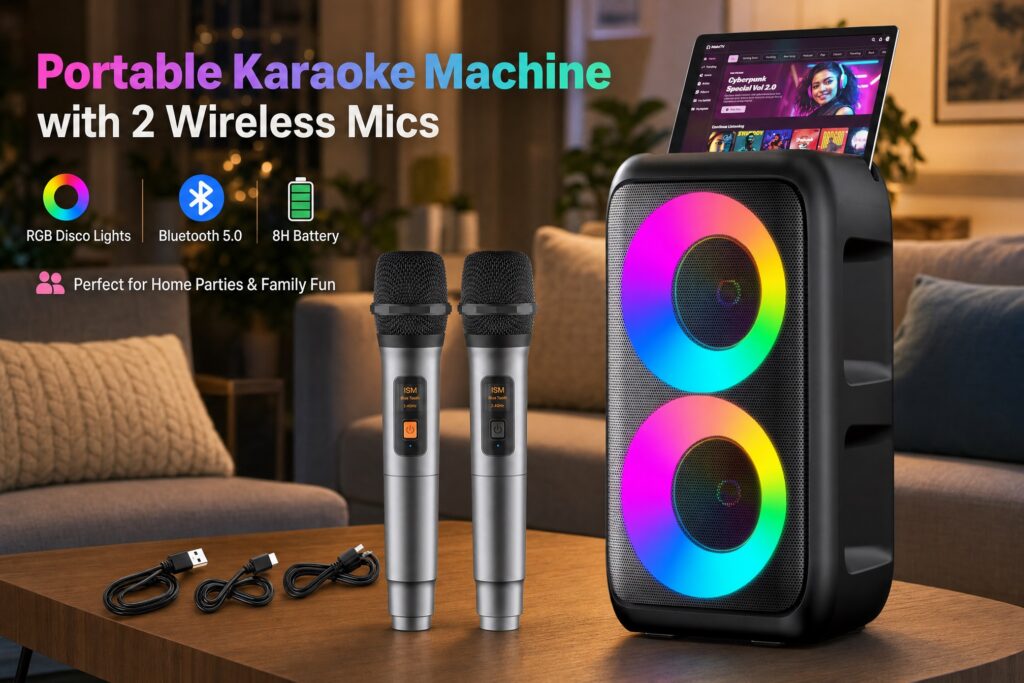 Tall black portable karaoke tower speaker with two large, stacked circular RGB disco light rings pulsing on the front panel. A tablet playing music is docked at the top. Two metallic silver wireless microphones stand on a wooden table next to included USB charging cables. Text overlays read "Portable Karaoke Machine with 2 Wireless Mics" along with indicators for RGB Disco Lights, Bluetooth 5.0, 8H Battery, and "Perfect for Home Parties & Family Fun".