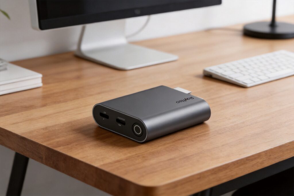 RayNeo HDMI 2.0 Adapter resting on a wooden desk, displaying its ports, circular power button, and premium gray casing.