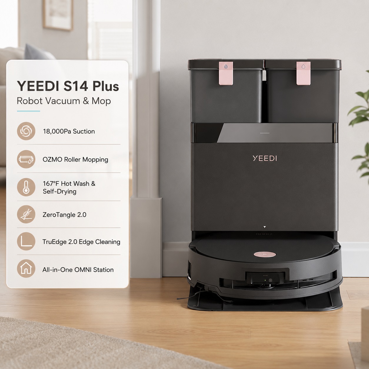 The YEEDI S14 Plus Robot Vacuum and Mop with a dark grey All-in-One OMNI Station featuring dual water tanks on top. Features listed include 18,000Pa Suction, OZMO Roller Mopping, 167°F Hot Wash & Self-Drying, ZeroTangle 2.0, and TruEdge 2.0 Edge Cleaning.