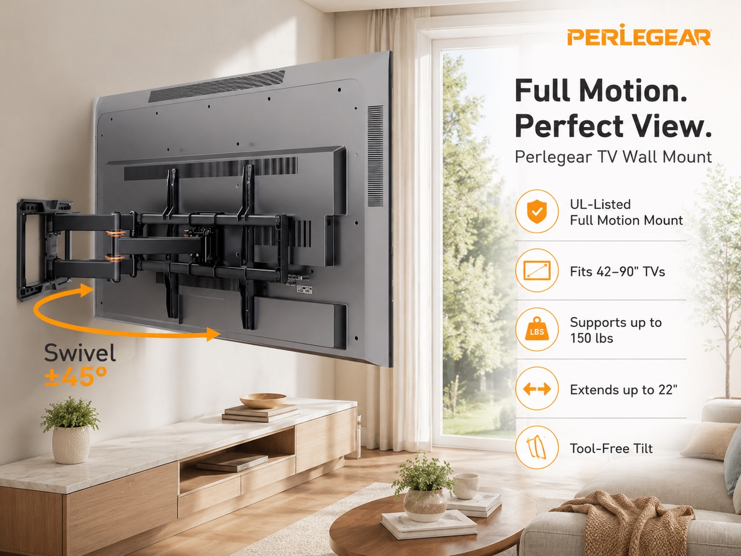 Rear view of a heavy-duty Perlegear TV wall mount holding a large 42 to 90-inch TV near a window, showcasing a 45-degree swivel, 150 lbs load capacity, 22-inch extension, and UL-listed certification.