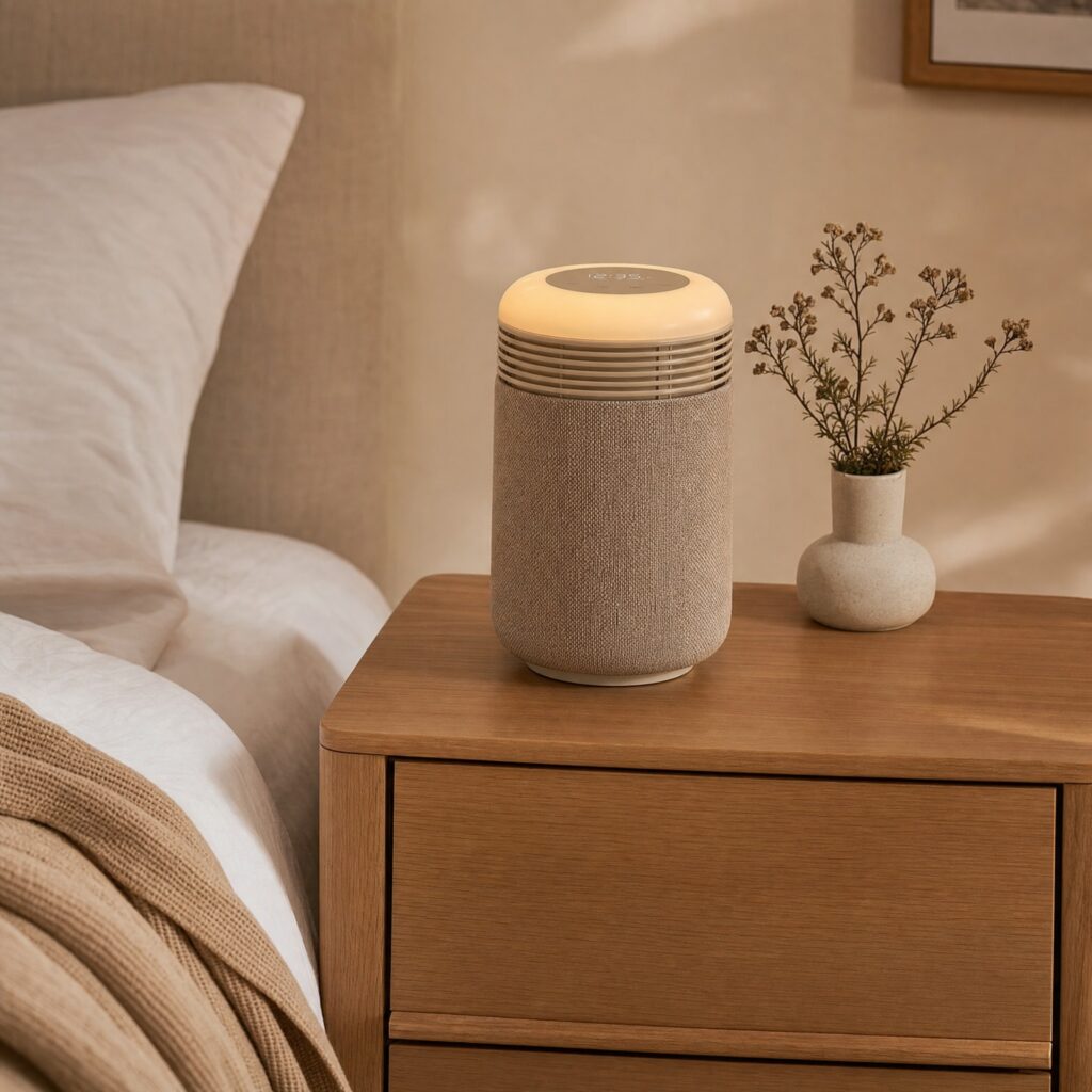 An air purifier placed in a hallway corner of a home with framed photos on the wall and warm indoor lighting.