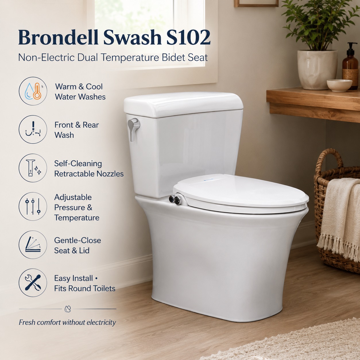 Brondell Swash S102 non-electric dual temperature bidet toilet seat with warm and cool water washes, self-cleaning retractable nozzles, and gentle-close lid designed for round toilets.