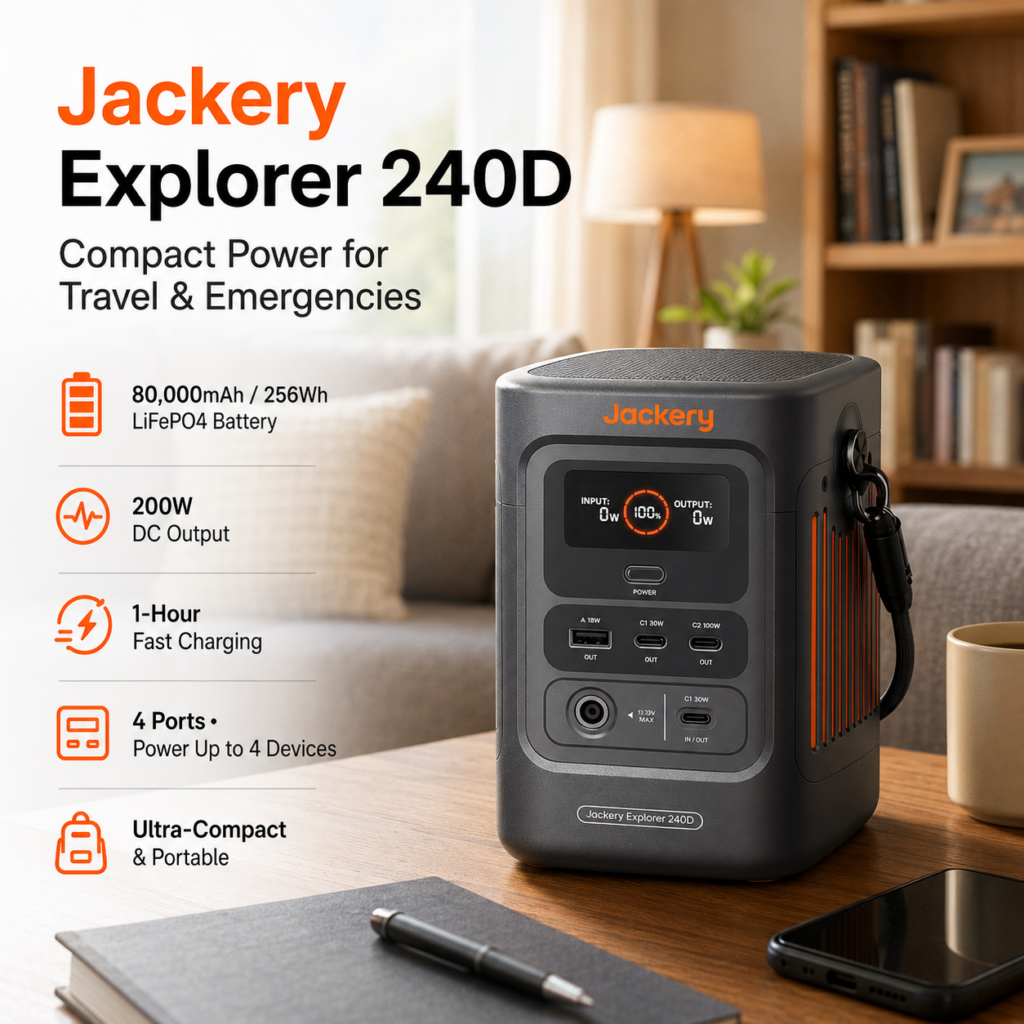 Jackery Explorer 240D compact portable power station on a home desk, featuring an 80,000mAh / 256Wh LiFePO4 battery, 200W output, 1-hour fast charging, and support for powering up to four devices simultaneously.