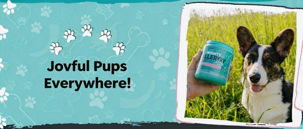 Mighty Paw brand product infographic with the text 'Joyful Pups Everywhere!' centrally located. To the right, a photograph shows a man's hand holding a turquoise container of 'MIGHTY ALLERGY + Itch' supplement next to a happy Welsh Corgi in a grassy field.