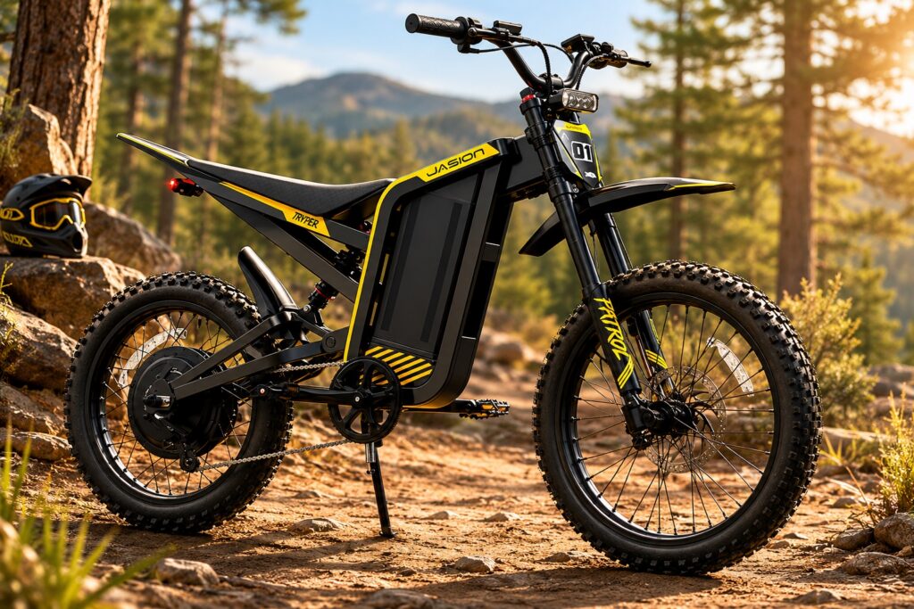 Yellow and black Jasion dirt-style electric motorcycle parked in an outdoor forest environment.