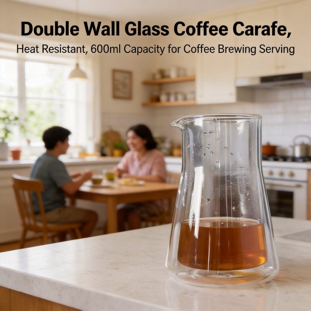 Fellow double-wall glass coffee carafe containing freshly brewed coffee, placed in a family kitchen setting for elegant serving and heat retention.