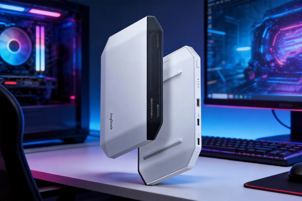 RayNeo JoyDock for Switch showcasing its front and back clip-on design in a neon-lit PC gaming setup background.