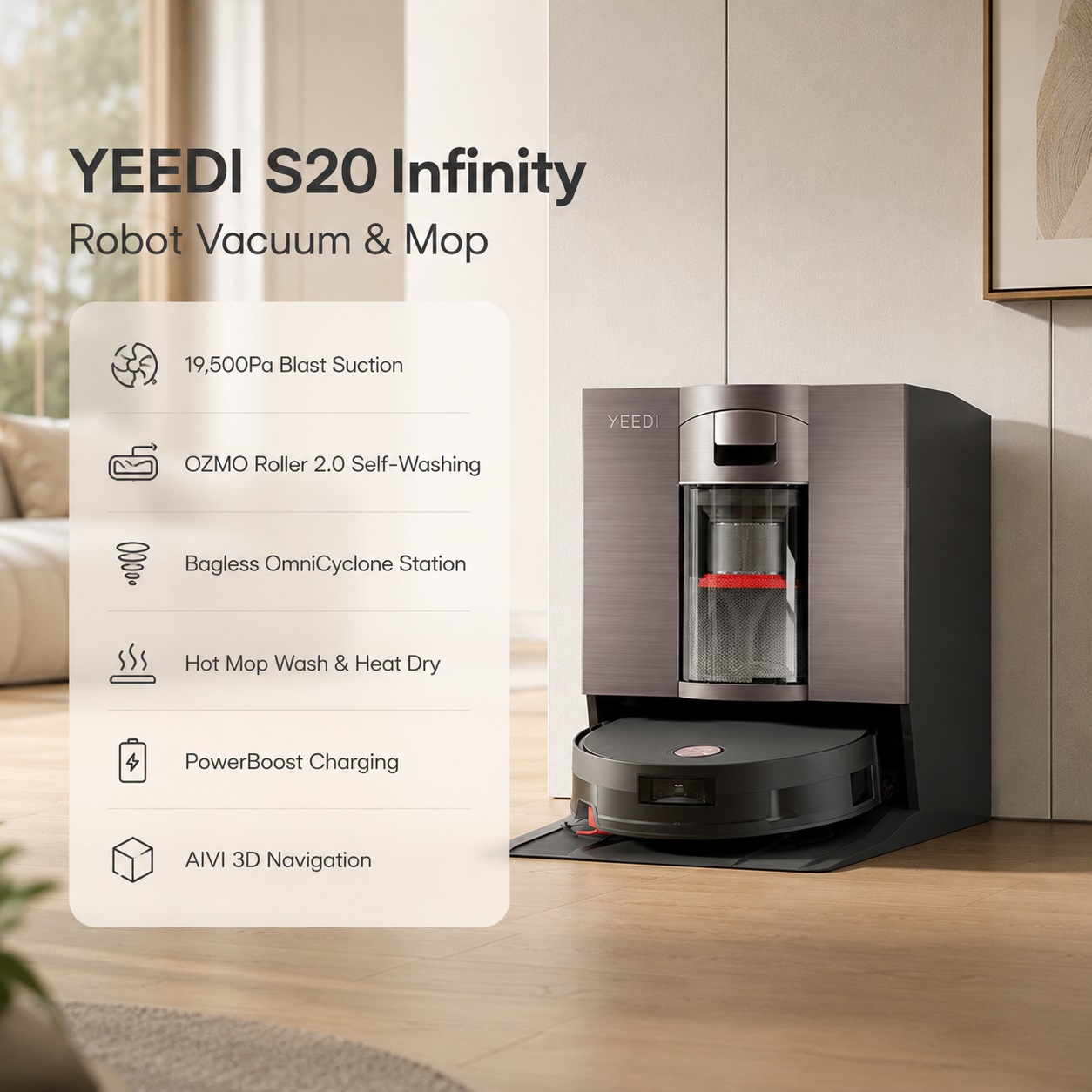 The YEEDI S20 Infinity Robot Vacuum and Mop next to its metallic grey Bagless OmniCyclone Station with a visible clear dust cup. Key features include 19,500Pa Blast Suction, OZMO Roller 2.0 Self-Washing, Hot Mop Wash & Heat Dry, PowerBoost Charging, and AIVI 3D Navigation.