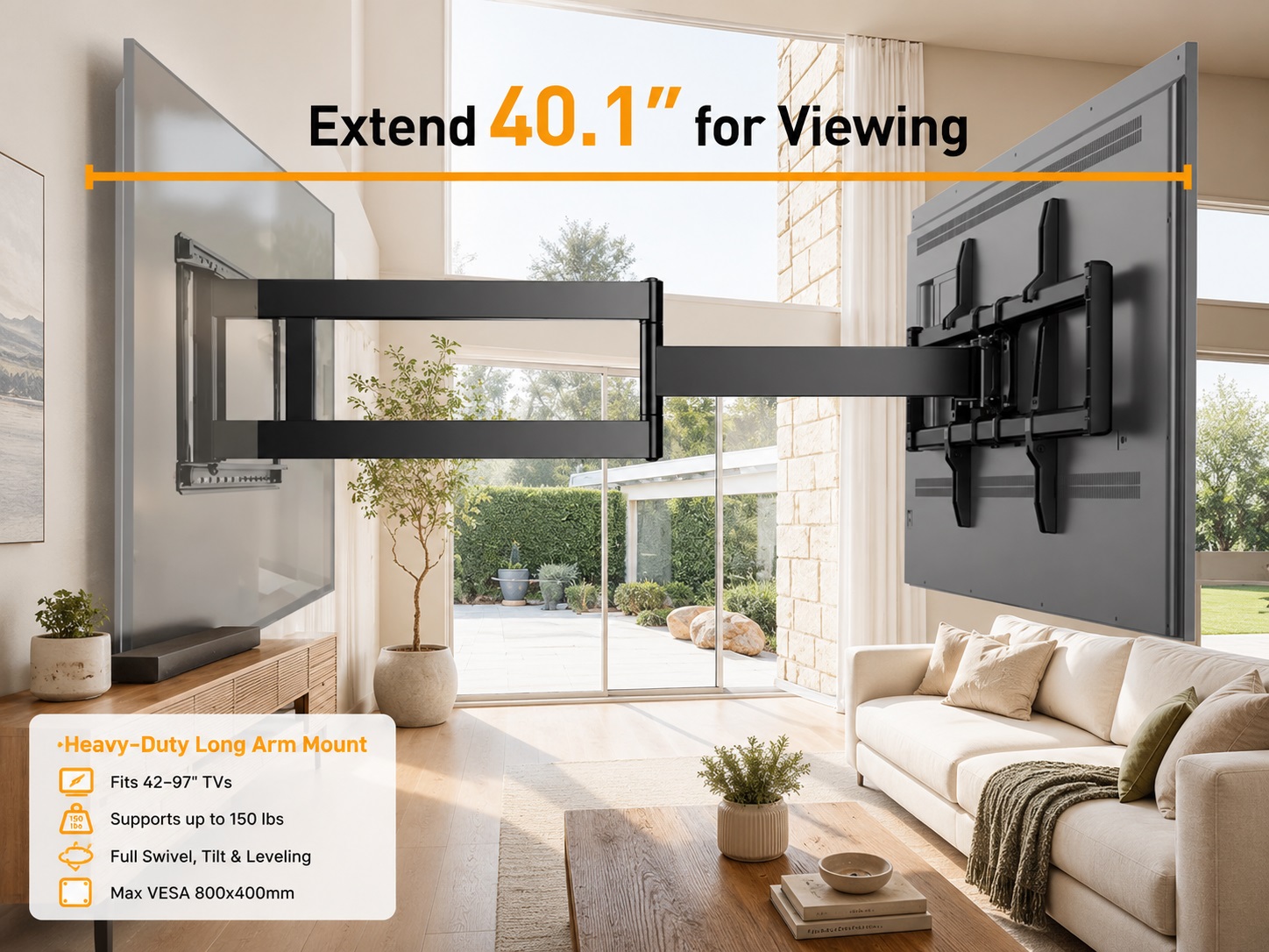 A flagship heavy-duty long-arm TV mount extended 40.1 inches from the wall across a bright living room, showing its extreme extension capabilities for large 42 to 97-inch televisions.