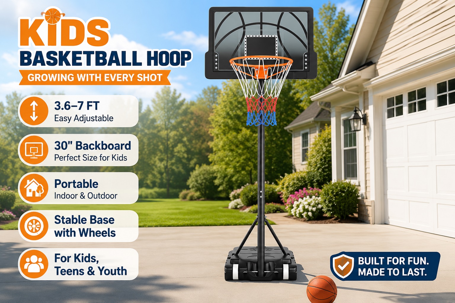 Yohood kids portable basketball hoop on a sunny driveway featuring a 30 inch backboard, 3.6 to 7ft easy height adjustability, and a stable base with wheels designed for kids, teens, and youth.