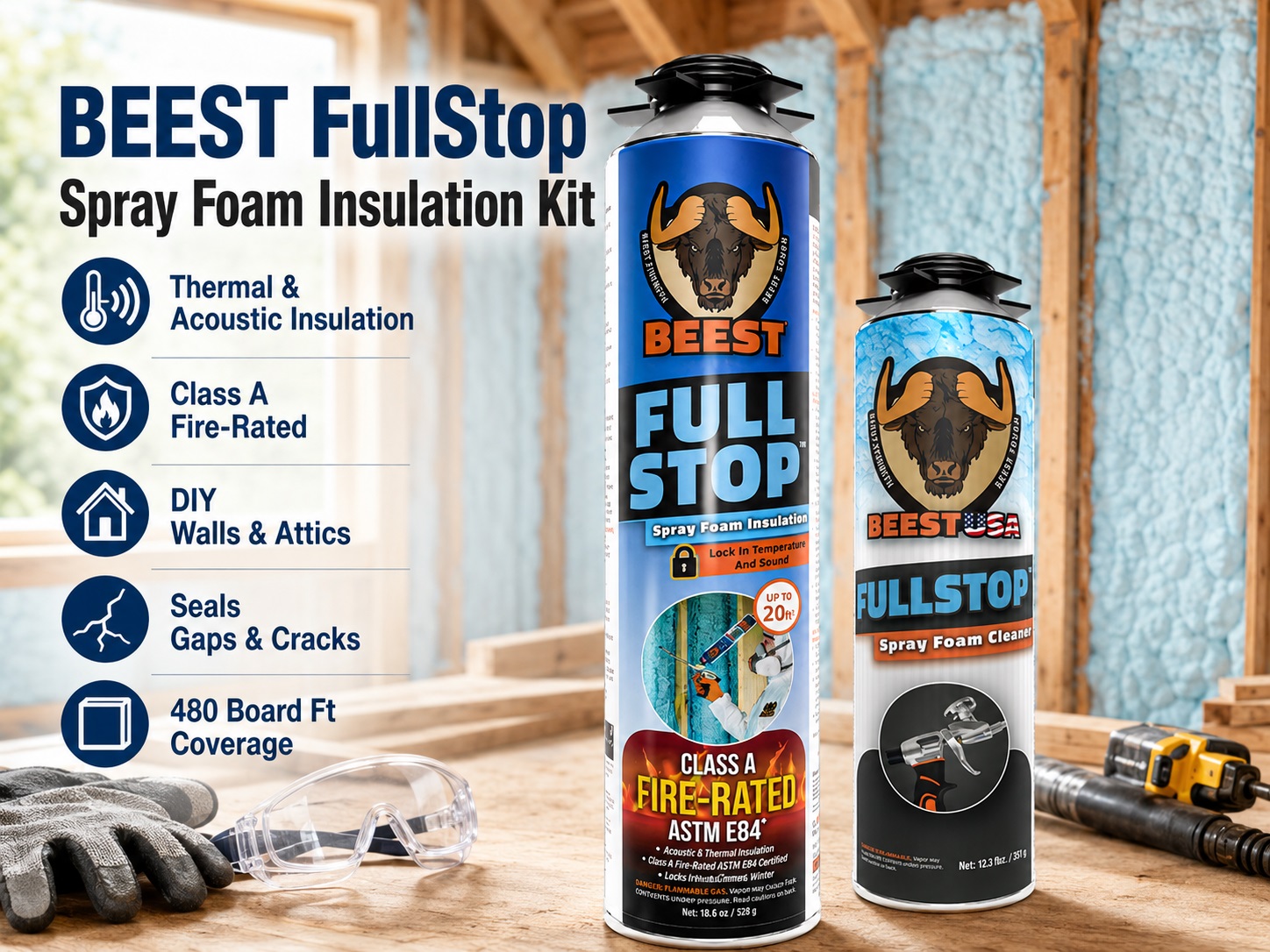 A promotional graphic for the BEEST FullStop Spray Foam Insulation Kit, showing a large blue spray foam can and a cleaner can on a wooden workbench with safety glasses and gloves inside an unfinished attic wall setting. Features include thermal and acoustic insulation, Class A fire-rated, and 480 board feet of coverage.