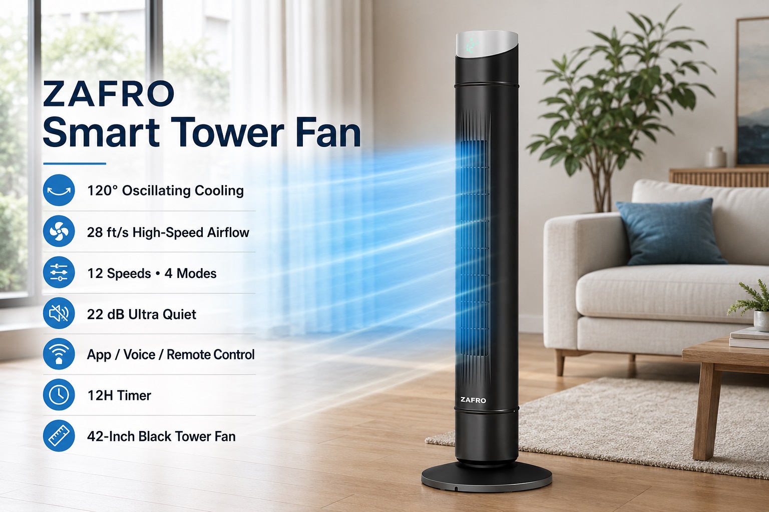 ZAFRO 42 inch black smart tower fan for bedroom with 120 degree oscillating cooling airflow effect 22dB ultra quiet DC motor standing fan.