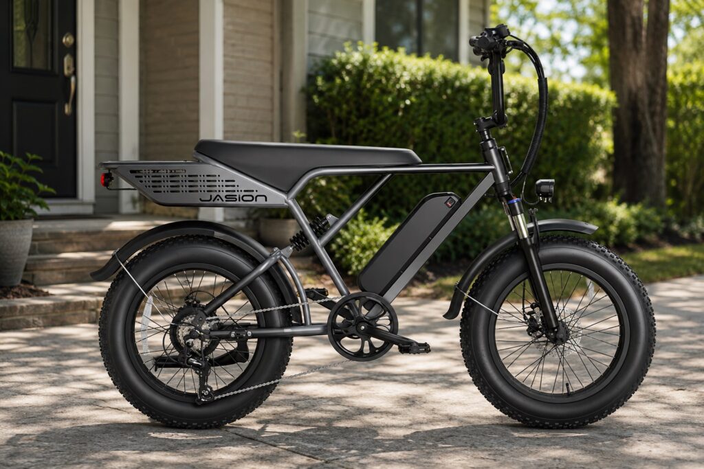Compact gray Jasion folding electric bike with minimalist frame design on a neutral background.