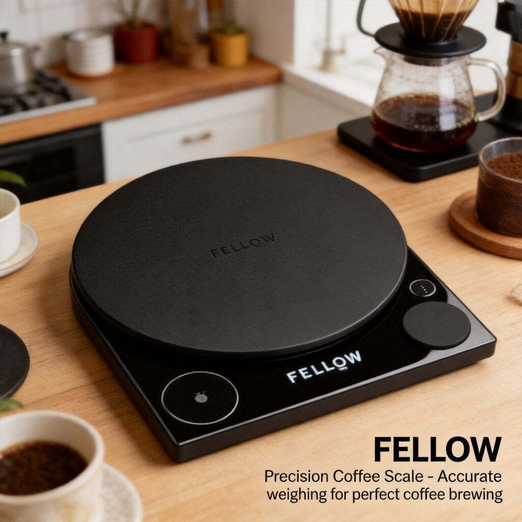 Fellow Tally Pro precision coffee scale with digital controls and high-accuracy weighing platform, displayed beside a pour-over coffee setup.