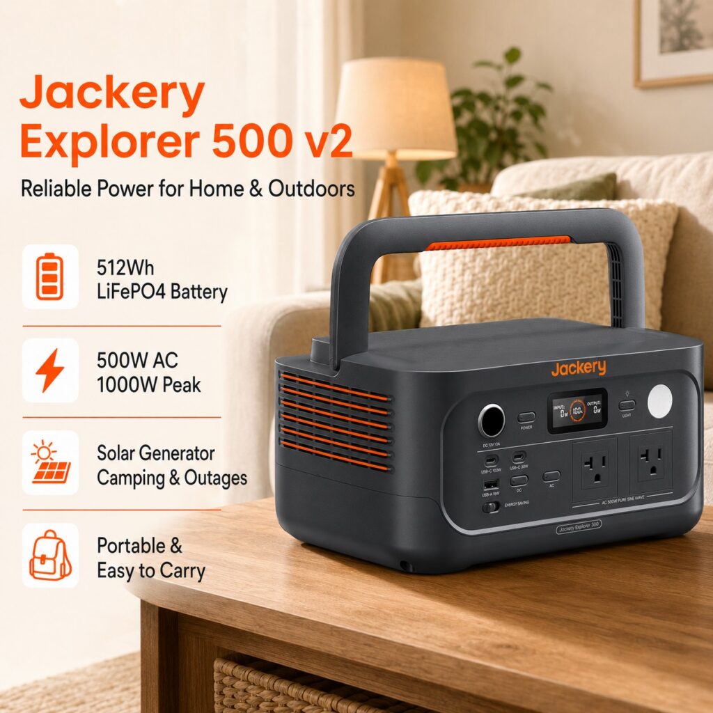 Jackery Explorer 500 v2 portable solar generator in a comfortable home environment, offering a 512Wh LiFePO4 battery, 500W AC output with 1000W peak power, and reliable backup power for camping and outages.