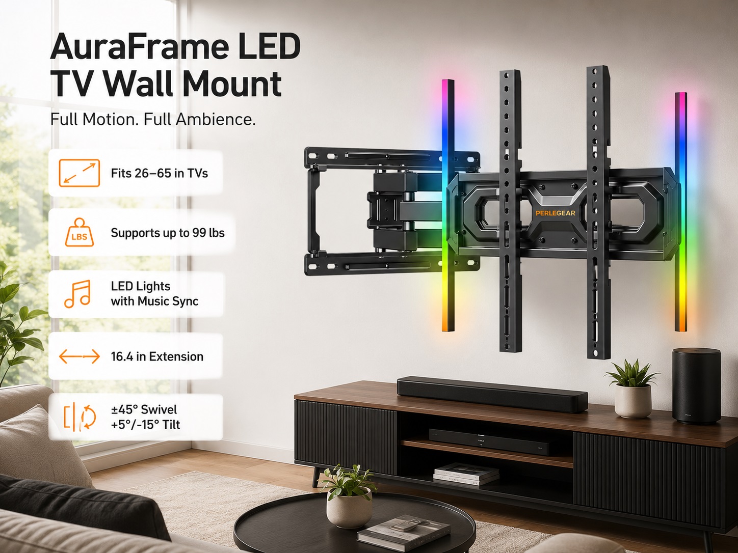Perlegear AuraFrame LED TV wall mount with vibrant RGB backlights on a white wall above a media console, featuring full-motion articulation and music-sync ambient lighting for 26 to 65-inch TVs.