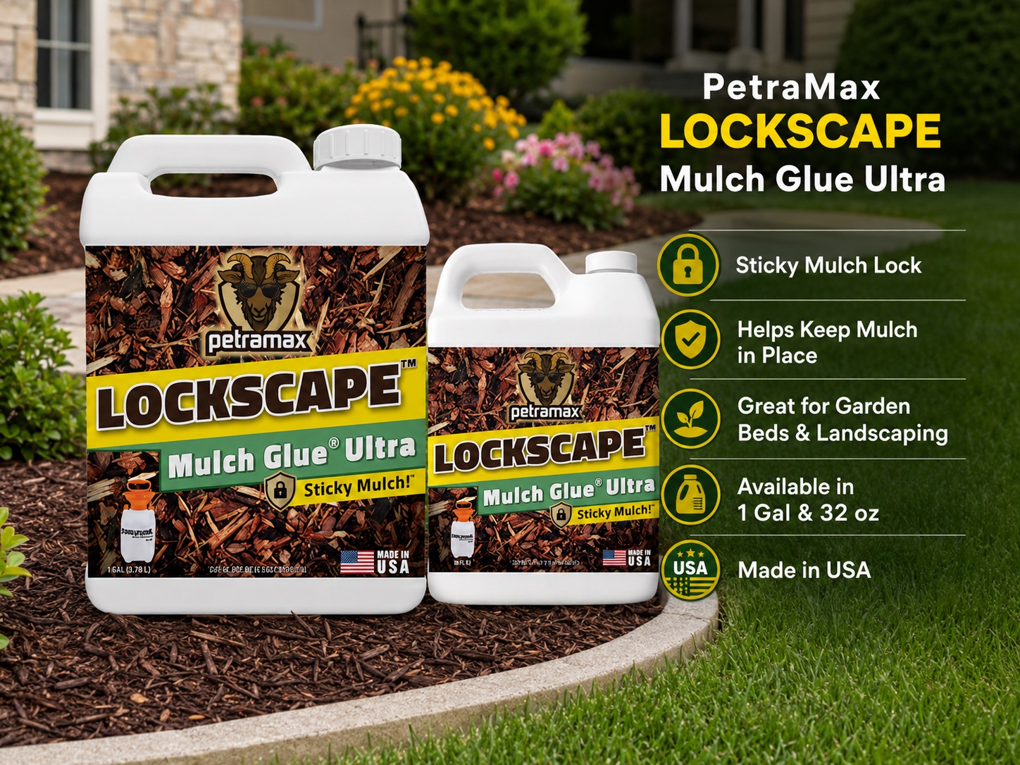 An advertisement graphic showing two white plastic jugs (1 Gallon and 32 oz) of PetraMax Lockscape Mulch Glue Ultra sitting on dark brown wood mulch in a landscaped garden bed. Key features listed on the right side include sticky mulch lock, keeping mulch in place, and great for garden beds.