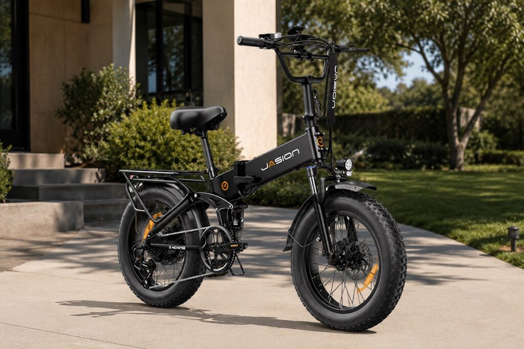 Black Jasion fat-tire electric bike with sturdy frame shown in a studio lighting environment.