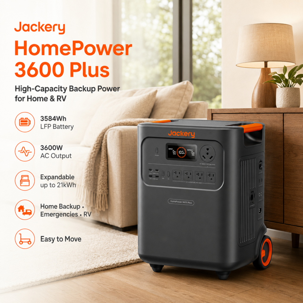 Jackery HomePower 3600 Plus large-capacity home backup power station in a modern living room, featuring a 3584Wh LFP battery, 3600W AC output, expandable energy storage up to 21kWh, and emergency backup power for homes and RVs.