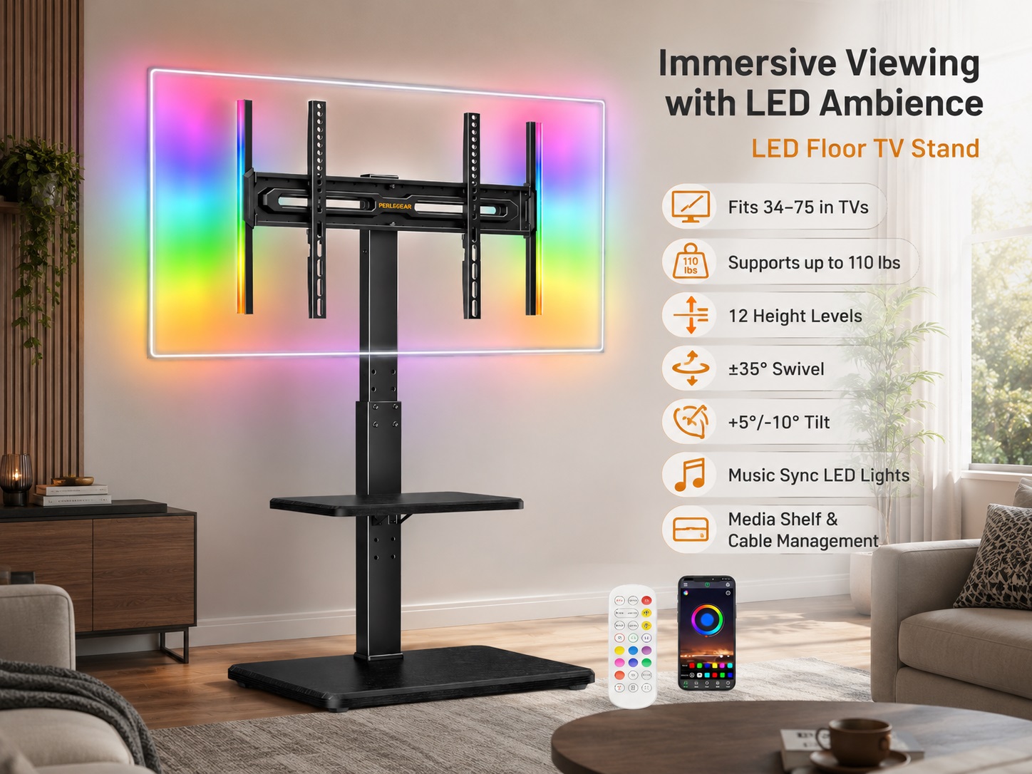 A sleek black floor TV stand with integrated music-sync RGB LED ambient lights, a solid wood base, media shelf, 12 height levels, and smartphone app control layout for 34 to 75-inch TVs.