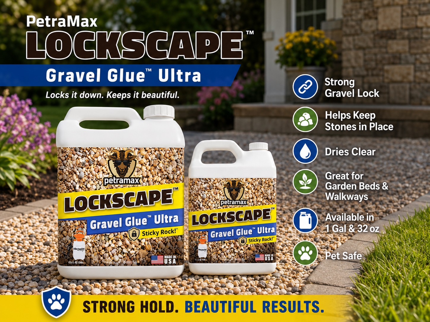 A product banner for PetraMax Lockscape Gravel Glue Ultra, showing a 1-gallon jug and a 32 oz jug resting on a light-colored gravel pathway. The graphic lists benefits like strong gravel lock, keeps stones in place, dries clear, pet-safe, and features a bottom banner stating "Strong Hold. Beautiful Results."