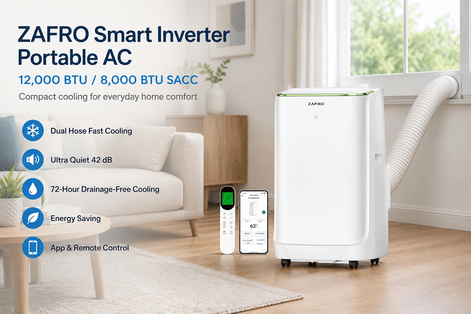 ZAFRO Smart Inverter Portable AC 12000 BTU 8000 BTU SACC compact dual hose white portable air conditioner unit with window vent kit installation.