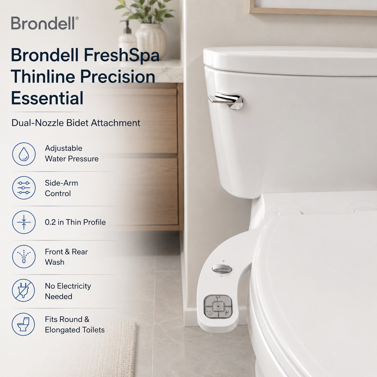 Brondell FreshSpa Thinline Precision Essential dual-nozzle non-electric bidet attachment with 0.2-inch thin profile, adjustable water pressure control dial, and side-arm panel.