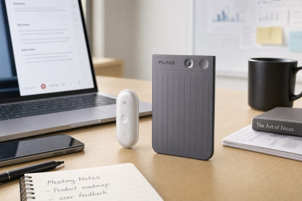 A side-by-side display of two PLAUD voice recording devices on a light wood desk. On the left is a small, white capsule-shaped recorder standing upright, and on the right is a larger, grey rectangular card-shaped recorder with vertical ridges. An open laptop showing transcribed text, a smartphone, a pen, and a notebook titled "Meeting Notes" surround the devices.