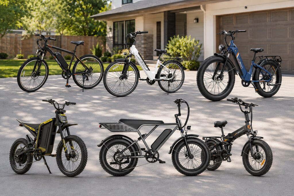 Group display of multiple Jasion electric bikes arranged in a residential driveway at sunset.