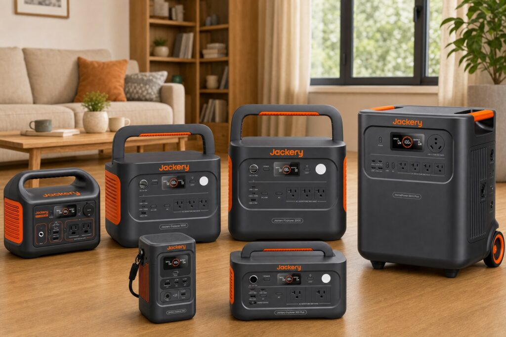 Collection of Jackery portable power stations displayed together in a bright living room, showcasing multiple models for home backup, travel, outdoor adventures, and emergency preparedness.