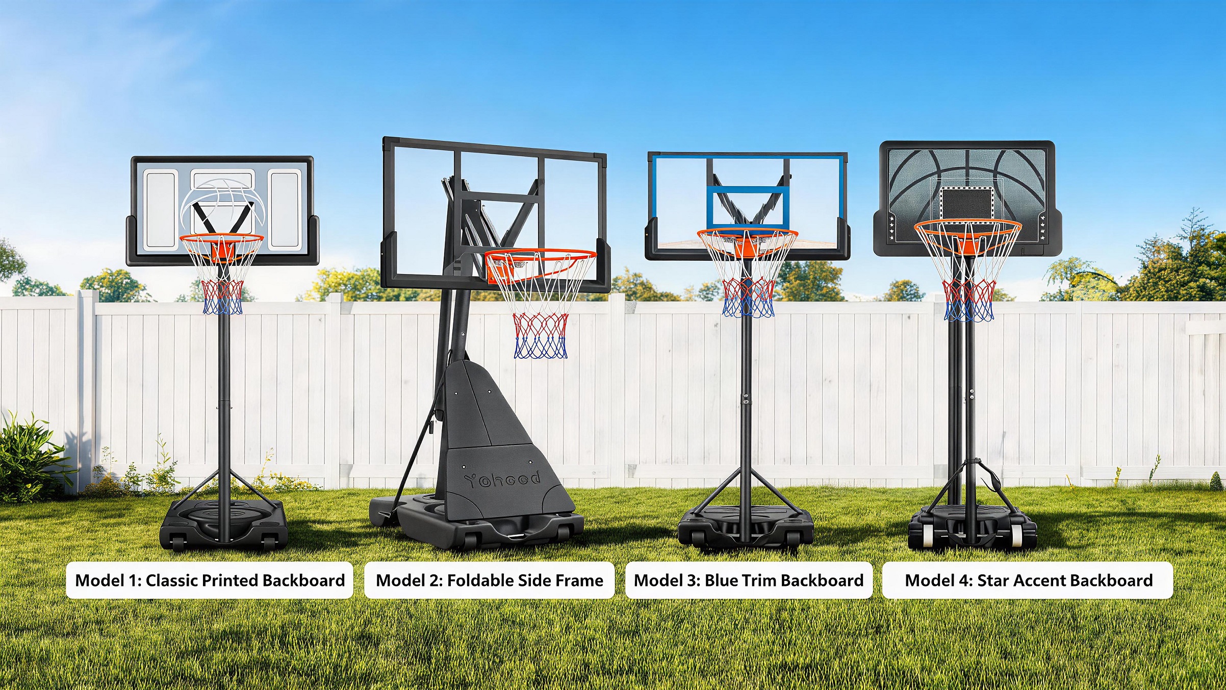 Comparison lineup of four Yohood portable basketball hoop models on a green lawn: Classic Printed Backboard, Foldable Side Frame, Blue Trim Backboard, and Star Accent Backboard.