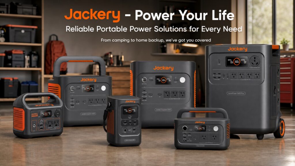 Jackery portable power station family lineup featuring compact and high-capacity power solutions for camping, home backup, outdoor recreation, and emergency energy needs.
