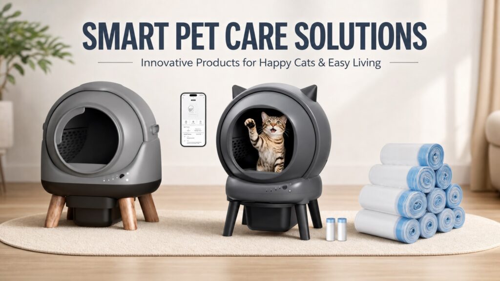 Banner showcasing smart pet care solutions with two types of automatic cat litter boxes, a smartphone app interface, and stacked trash liner rolls, under the text: SMART PET CARE SOLUTIONS - Innovative Products for Happy Cats & Easy Living.