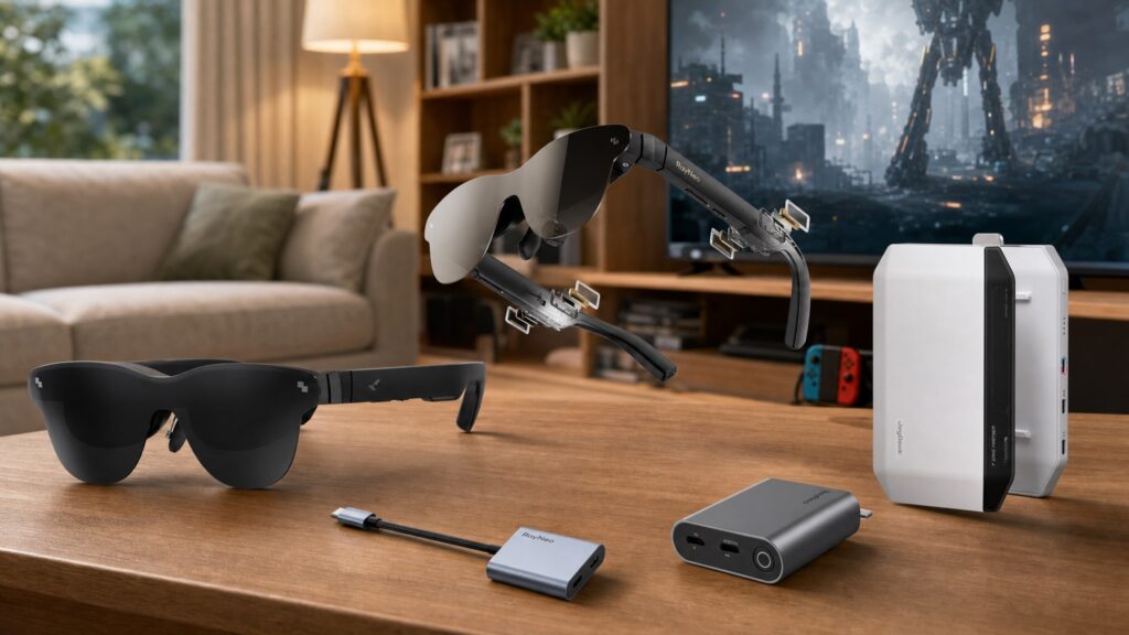 Complete RayNeo AR ecosystem lineup on a wooden coffee table in a cozy living room, including smart glasses, JoyDock, and adapters with a TV in the background.