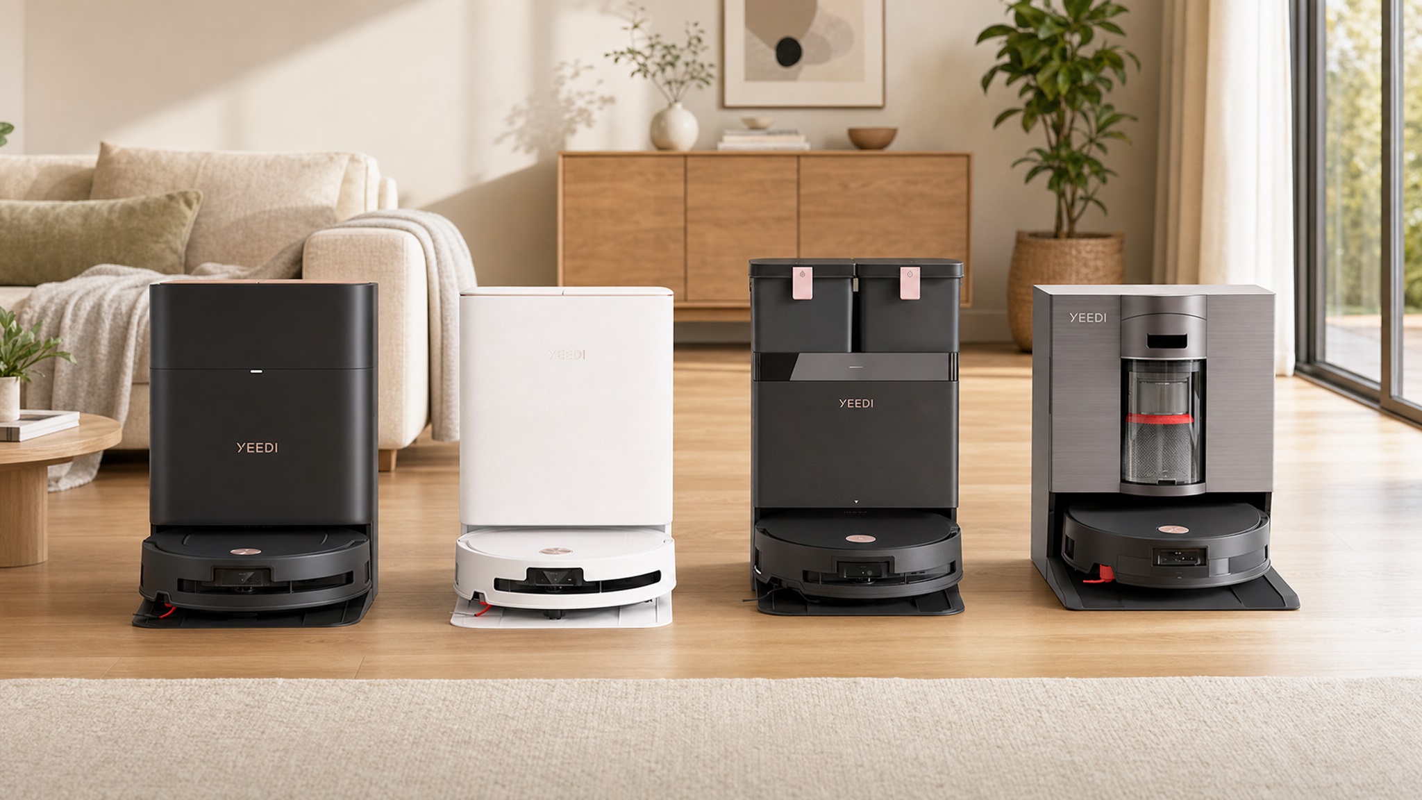 A side-by-side lineup of four YEEDI smart robot vacuum base stations in a modern living room setup, showing the diverse designs from matte black, sleek white, dual-tank grey, to the cyclone metallic model.