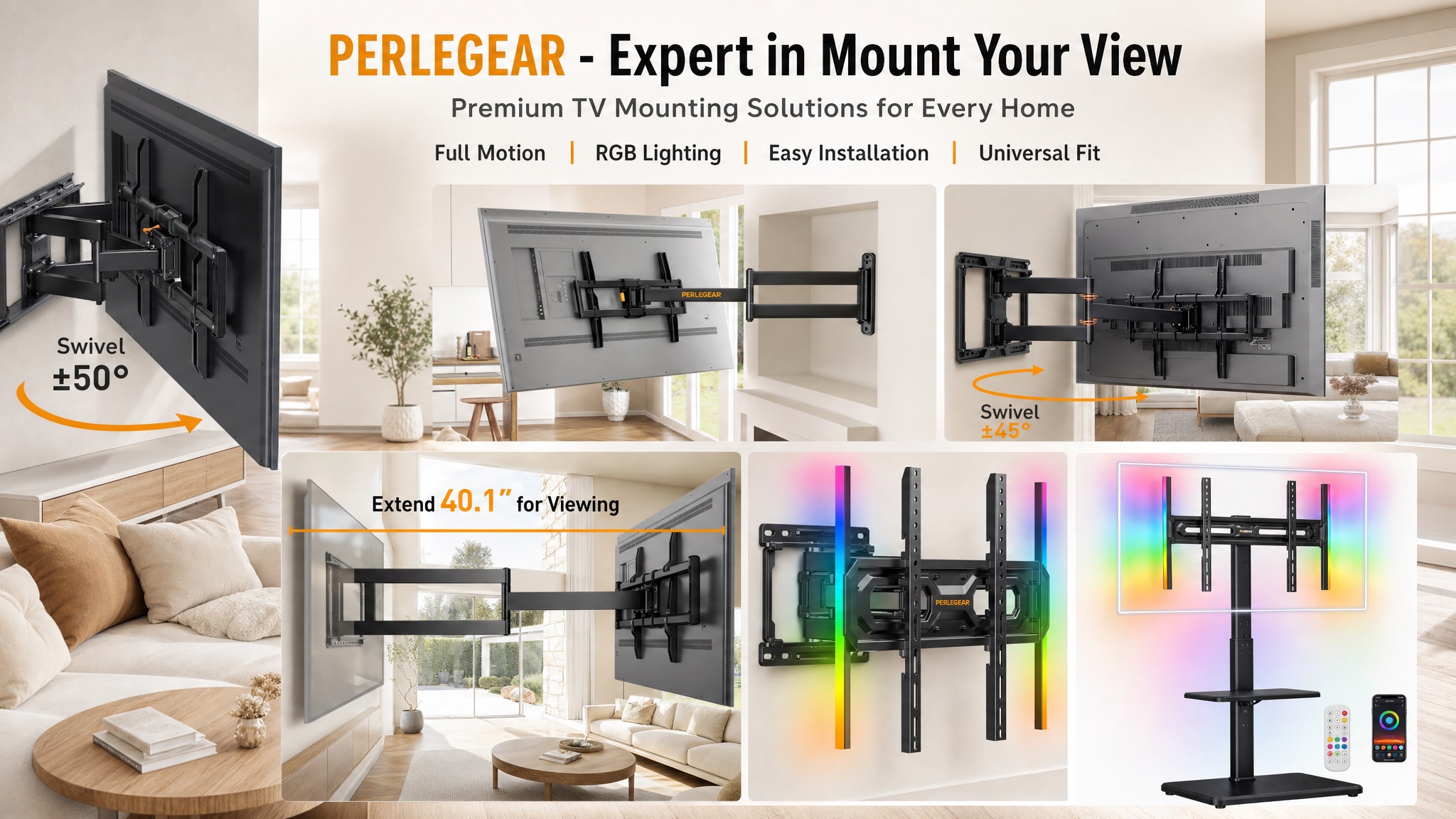 Product banner showcase for Perlegear premium TV mounting solutions, compiling full-motion, long-arm, corner, and RGB LED lit wall mounts and floor stands with the slogan Expert in Mount Your View.