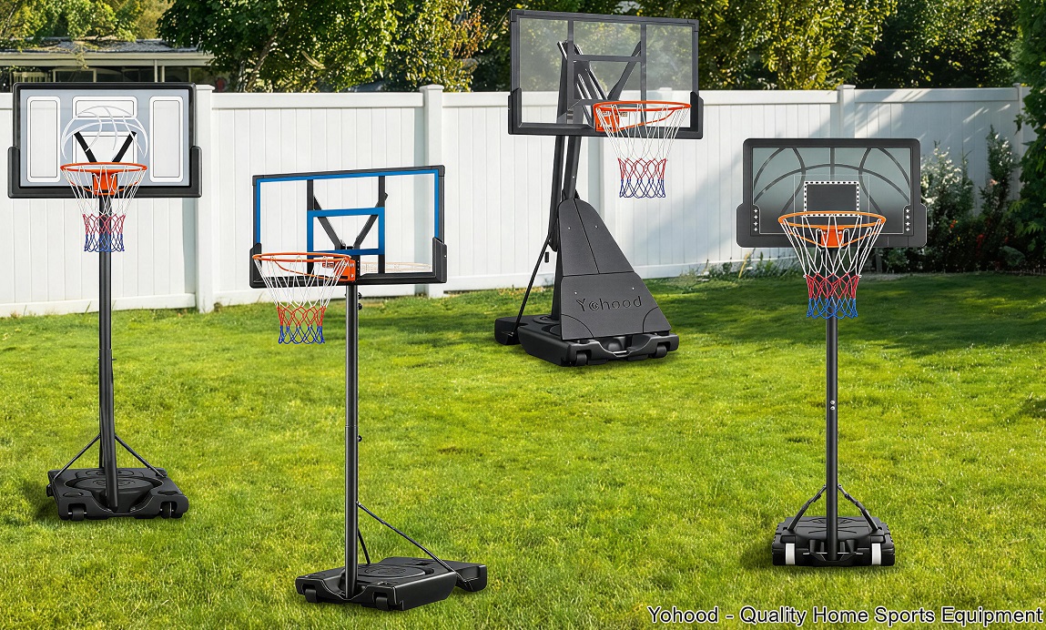 A showcase of various Yohood portable basketball goals arranged on a green backyard lawn, highlighting quality home sports equipment with different backboard styles and base structures.