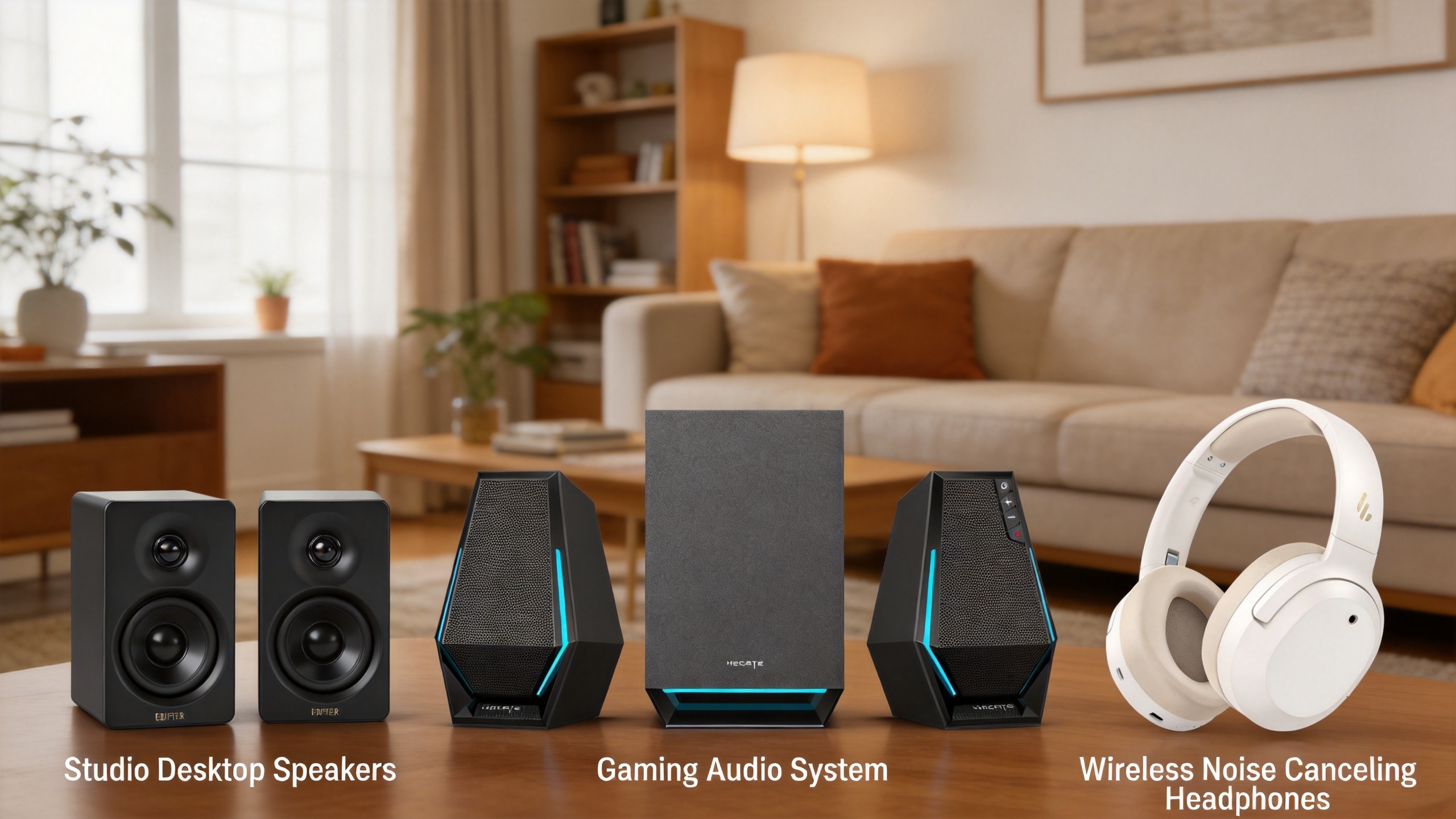 A lineup of Edifier audio products displayed on a wooden table against a cozy living room background. From left to right: Edifier M60 Studio Desktop Speakers, G1500 MAX Gaming Audio System with central subwoofer, and W820NB Plus Gen 2 Wireless Noise Canceling Headphones.