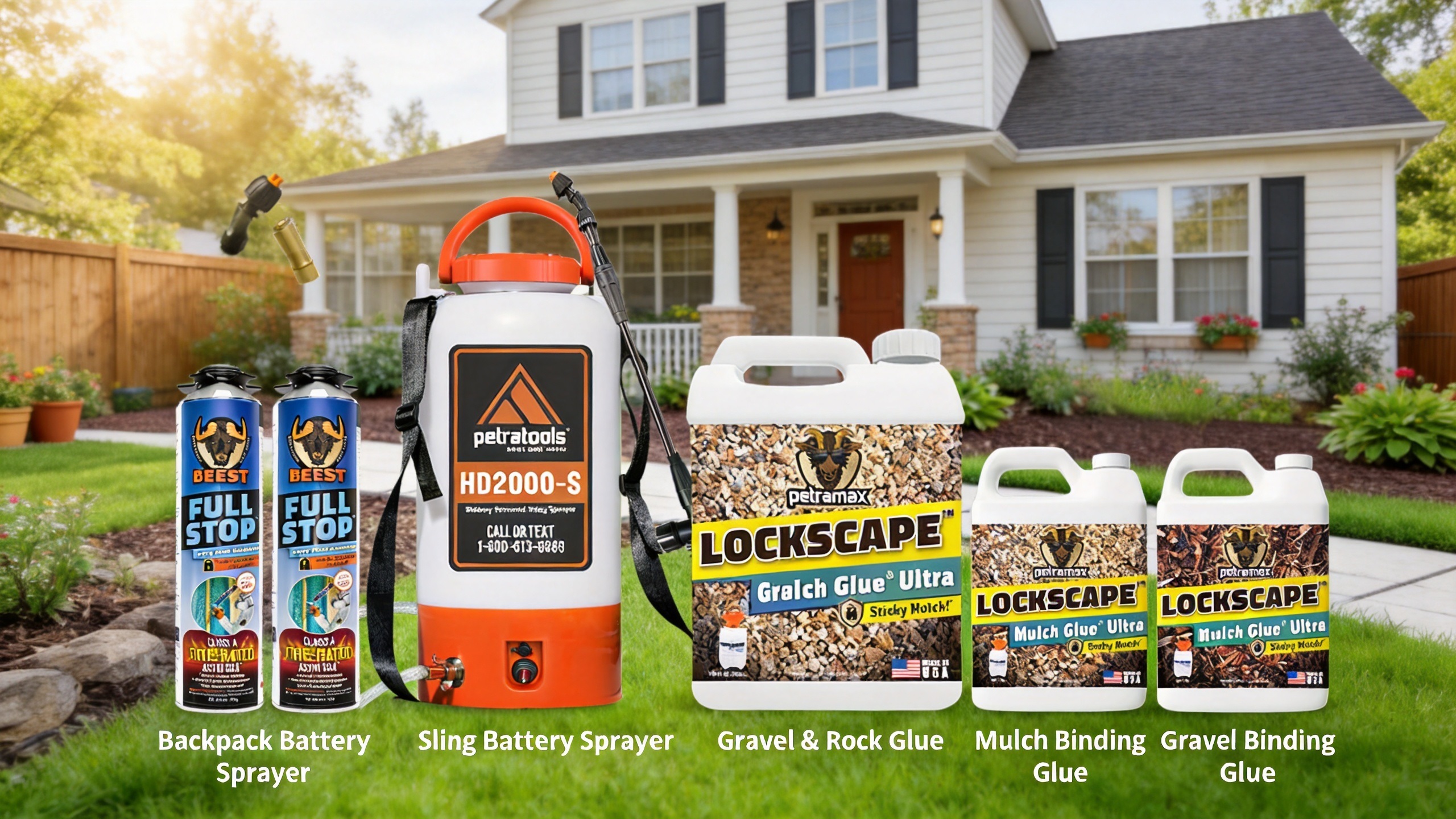 A composite showcase image displaying various PetraTools and brand ecosystem products lined up on a lush green lawn in front of a white suburban house. From left to right are BEEST FullStop insulation cans, an HD2000-S sprayer, and three variants of Lockscape mulch and gravel glues, labeled with descriptive white text underneath each item.
