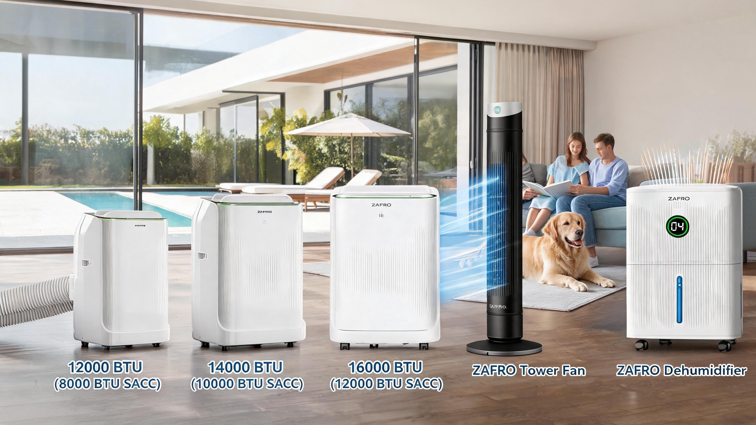 ZAFRO home climate control family appliance lineup including 12000 BTU 14000 BTU 16000 BTU portable air conditioners tower fan and dehumidifier in a luxury open patio living room with a family and a dog.