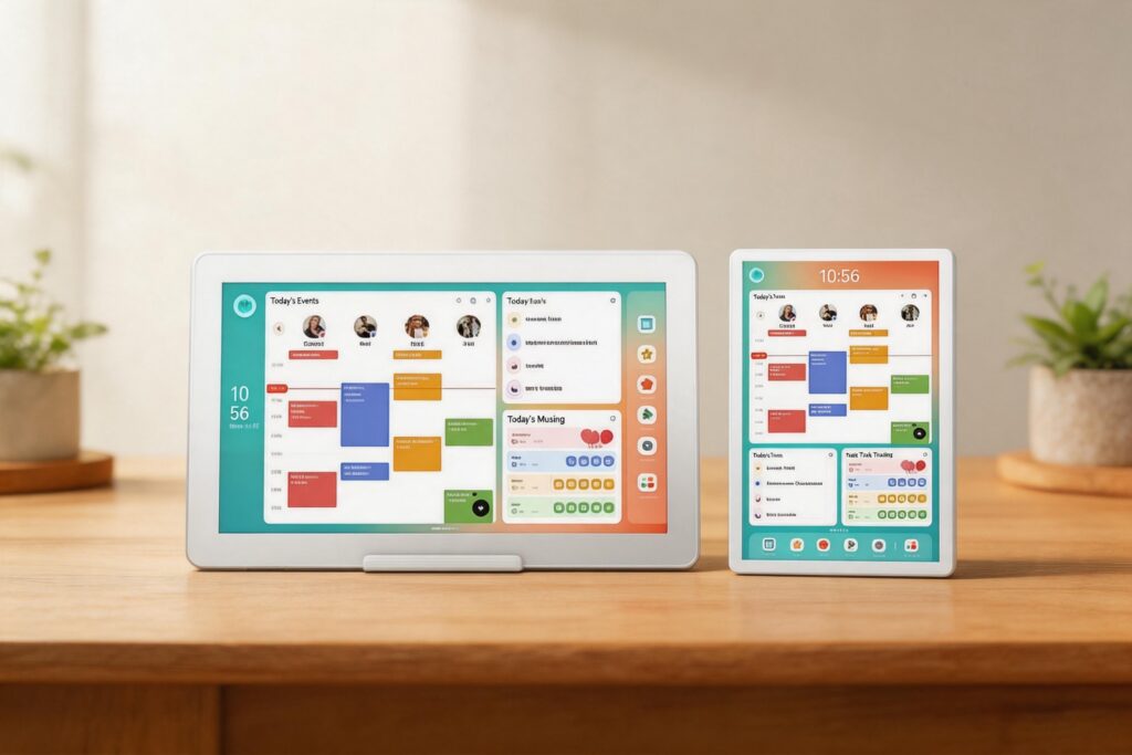A side-by-side comparison of two white smart displays on a wooden tabletop. The device on the left is larger and in landscape orientation showing events and notes, while the device on the right is smaller and in portrait orientation showing a vertically adapted interface. The background is a bright, minimalist home setting.