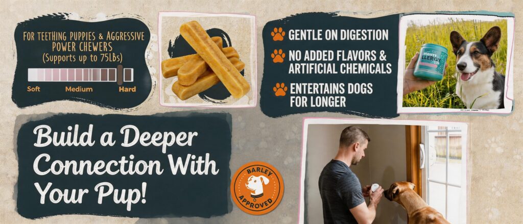 Mighty Paw brand multi-product infographic compilation on a textured background. Top left: Text 'FOR TEETHING PUPPIES & AGGRESSIVE POWER CHEWERS (Supports up to 75LBs)' and hardness scale with chews photo. Center: Text highlighting 'GENTLE ON DIGESTION', 'NO ADDED FLAVORS & ARTIFICIAL CHEMICALS', and 'ENTERTAINS DOGS FOR LONGER'. Bottom left: Text 'Build a Deeper Connection With Your Pup!' with orange 'BARLEY APPROVED' logo. Bottom right: Photograph of a man showing a wireless bell to a dog. Top right: Photograph of an allergy supplement container.