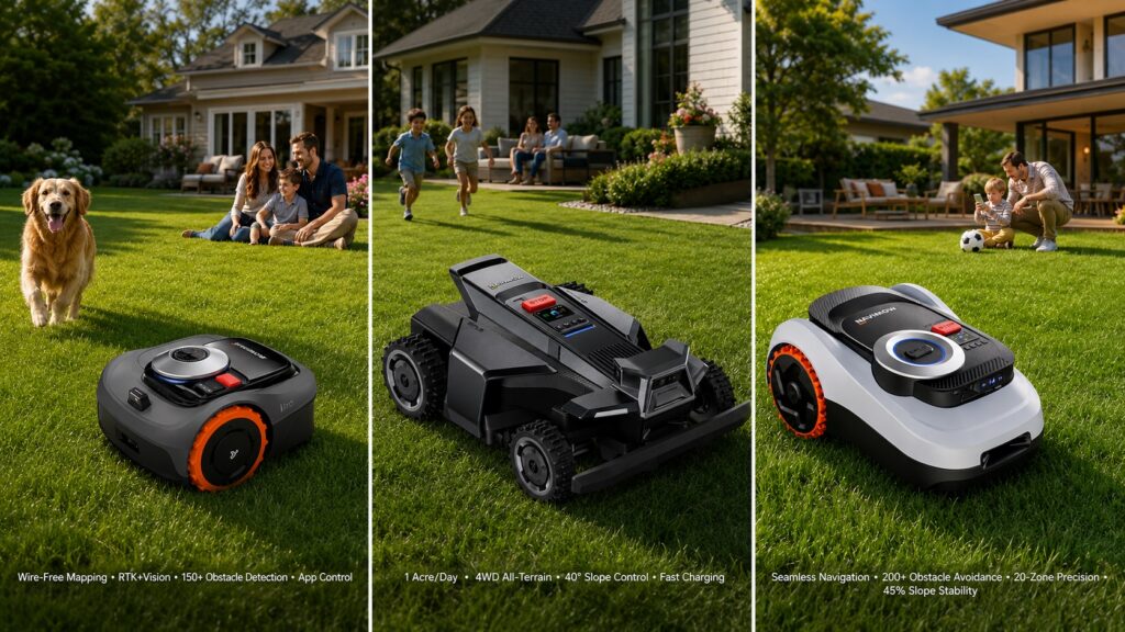 Three-panel Navimow robotic lawn mower lineup in realistic backyard scenes, showing wire-free mapping, all-terrain 4WD mowing, obstacle avoidance, multi-zone precision, and smart lawn care for family homes.