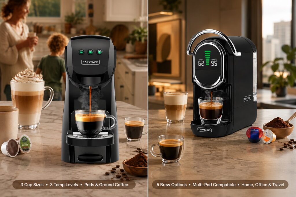 Two-panel CAPXSNOB coffee maker display showing a compact black model with three cup sizes and three temperature levels, alongside a chrome-handle model with five brew options and multi-pod compatibility.