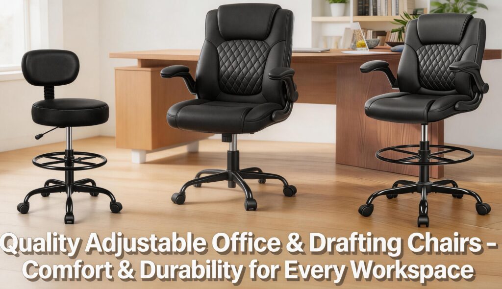 Brick Attic collection of adjustable office and drafting chairs featuring ergonomic comfort, durable PU leather upholstery, rolling caster bases, and workspace-friendly designs.