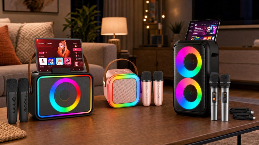 Product lineup of three different Peski karaoke machines arranged on a wooden table in a cozy evening living room setup. From left to right: the black horizontal speaker with a tablet on top and two black mics; the rose gold mini cube speaker with two rose gold mics; and the tall black dual-ring RGB tower speaker with a tablet on top, two silver mics, and charging cables.