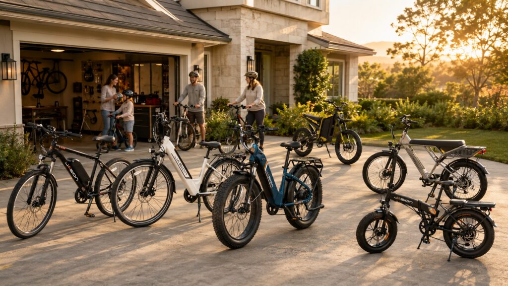 Lifestyle scene of Jasion electric bikes parked in front of a modern suburban home with riders.