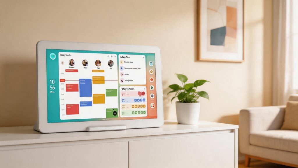 A large white smart family display device placed at an angle in landscape orientation on a white sideboard or console table in a living room. The screen shows a family schedule with four member avatars, daily tasks, and family notes, with a green potted plant nearby under warm lighting.