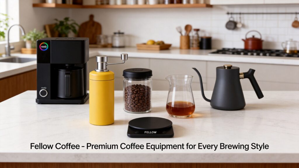 Premium Fellow coffee brewing collection featuring coffee maker, travel mug, vacuum coffee canister, glass carafe, precision kettle, and digital coffee scale on a contemporary kitchen counter.